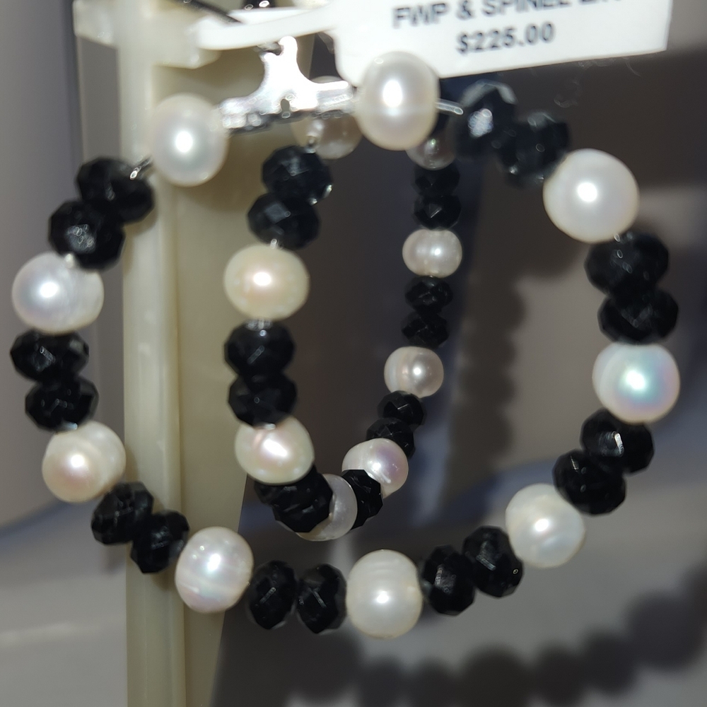 Fresh Water Pearl & Spinel Hoop Earrings NEW